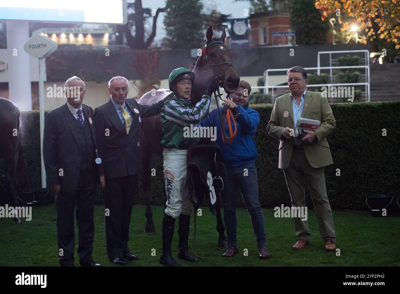 Ascot, Berkshire, UK. 2nd November, 2024. FLIMSY NOSEBAG ridden by jockey James Davies came third in The Ascot Round Table Open National Hunt Flat Race (Class 2) (Category 1 Elimination) (GBB Race) at the Fireworks Spectacular Family Raceday at Ascot Racecourse, Berkshire. Owner L N & P Grant. Trainer Nick Gifford, Findon, Breeder Ambrose Madden, Sponsor Avtrade Limited.  Credit: Maureen McLean/Alamy Live News Stock Photo