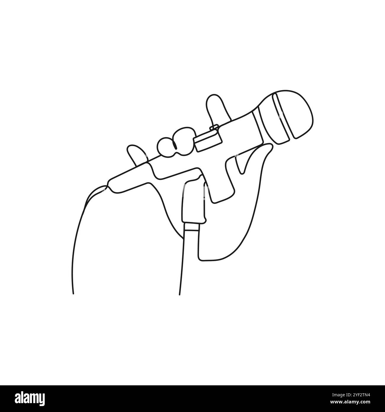 Hand holding wired microphone. One line art. Standing microphone. Hand drawn vector illustration. Stock Vector