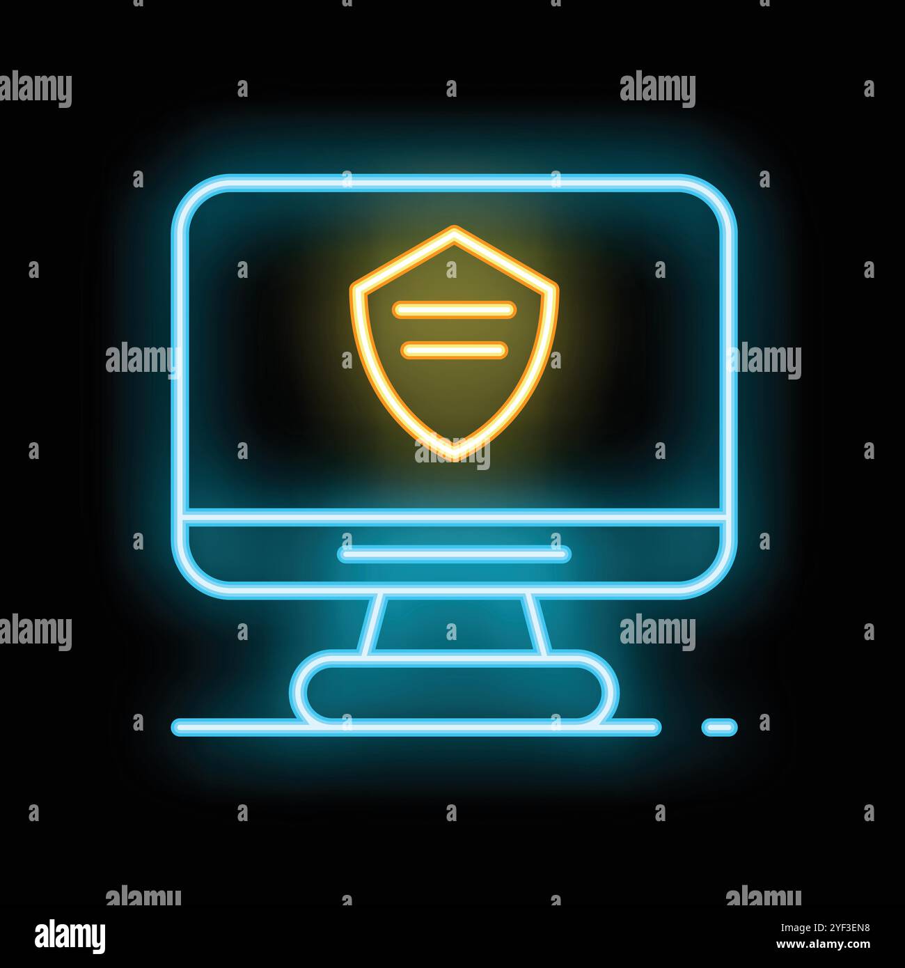 Glowing neon computer icon with a shield on the screen, representing online security and data protection Stock Vector