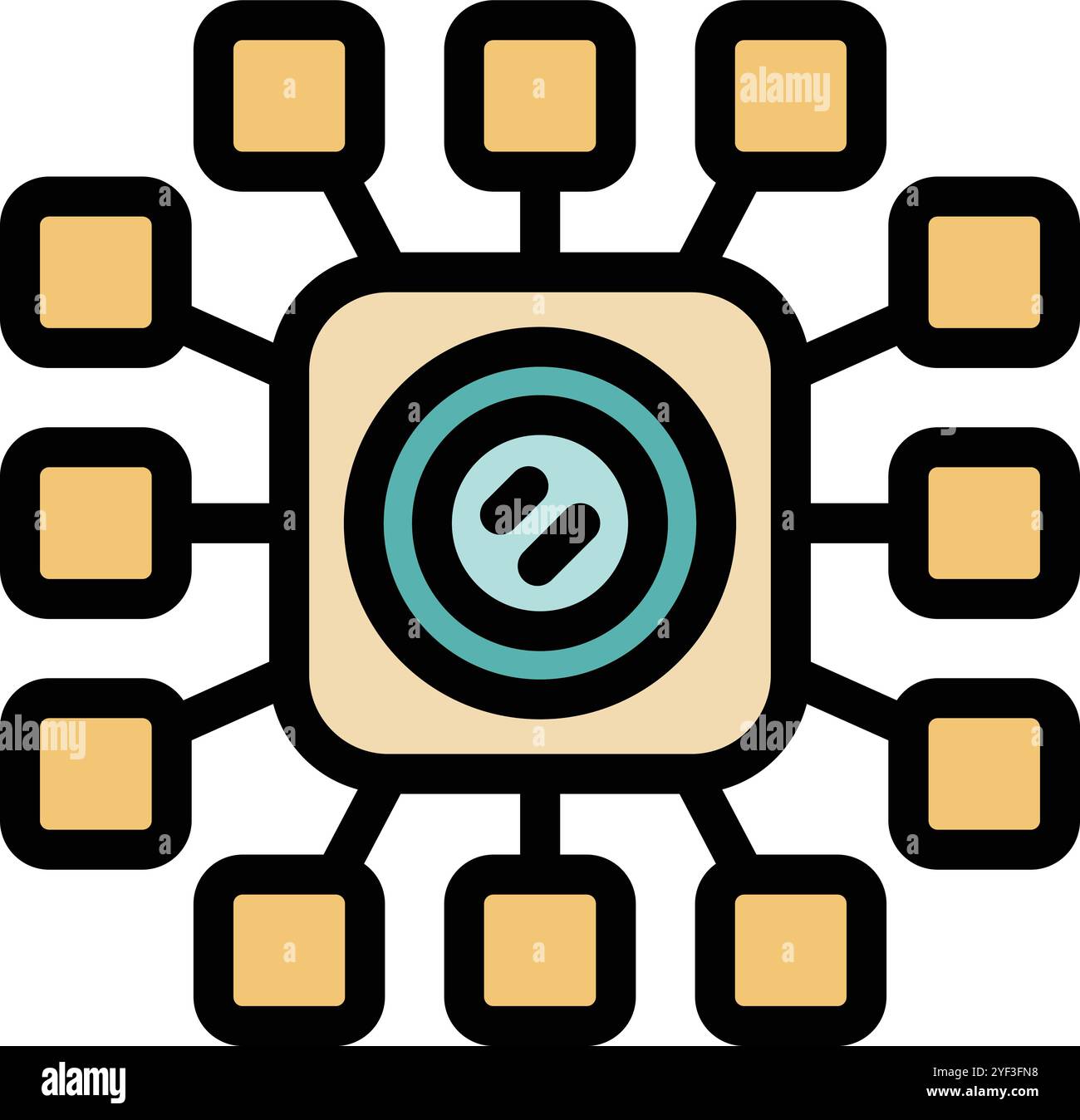 This icon represents a computer chip transferring data through a network of connections, symbolizing data processing, connectivity, and technological advancement Stock Vector