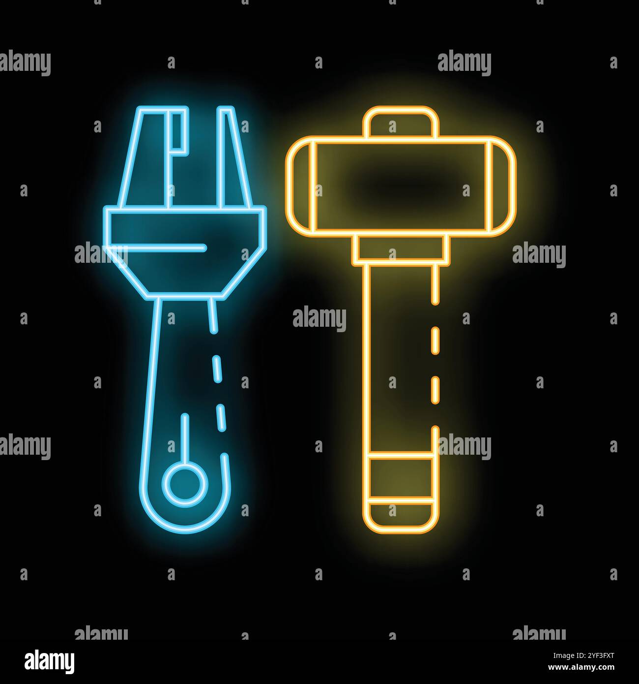 Glowing neon line hammer and wrench icon isolated on black background ...