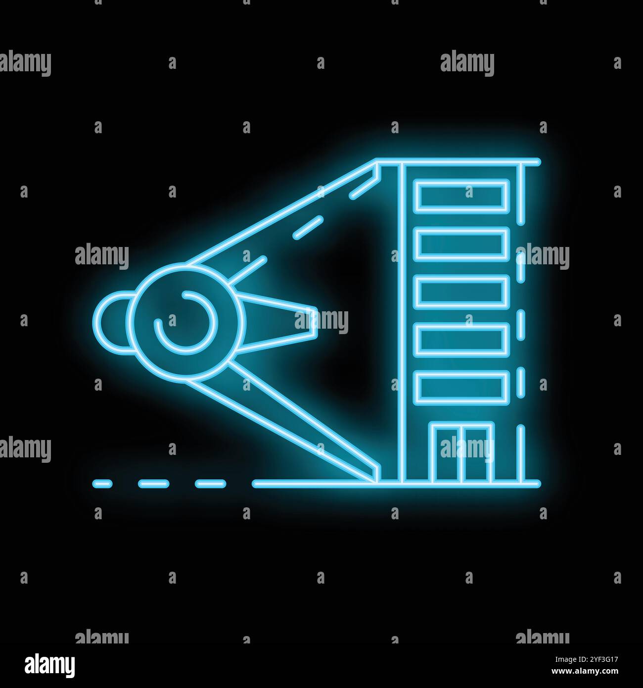 Blue neon glowing icon of an airplane taking off from the runway near a ...
