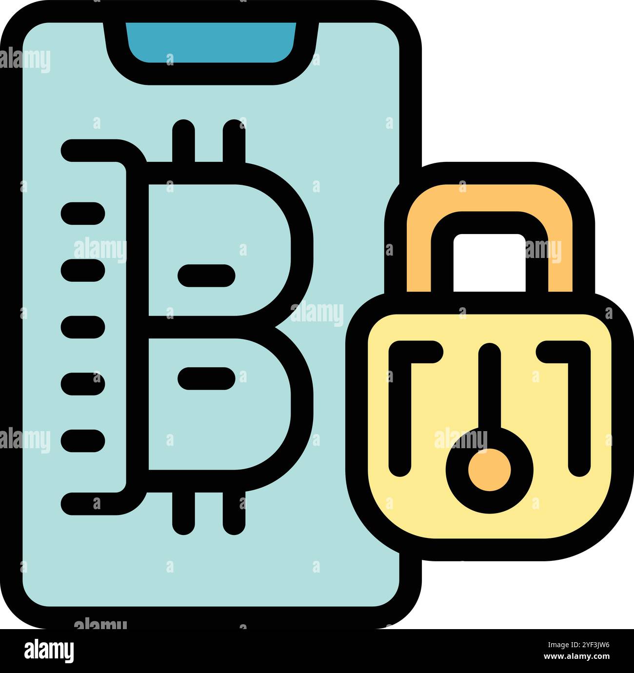 Smartphone showing bitcoin symbol with closed padlock, representing cryptocurrency security Stock Vector