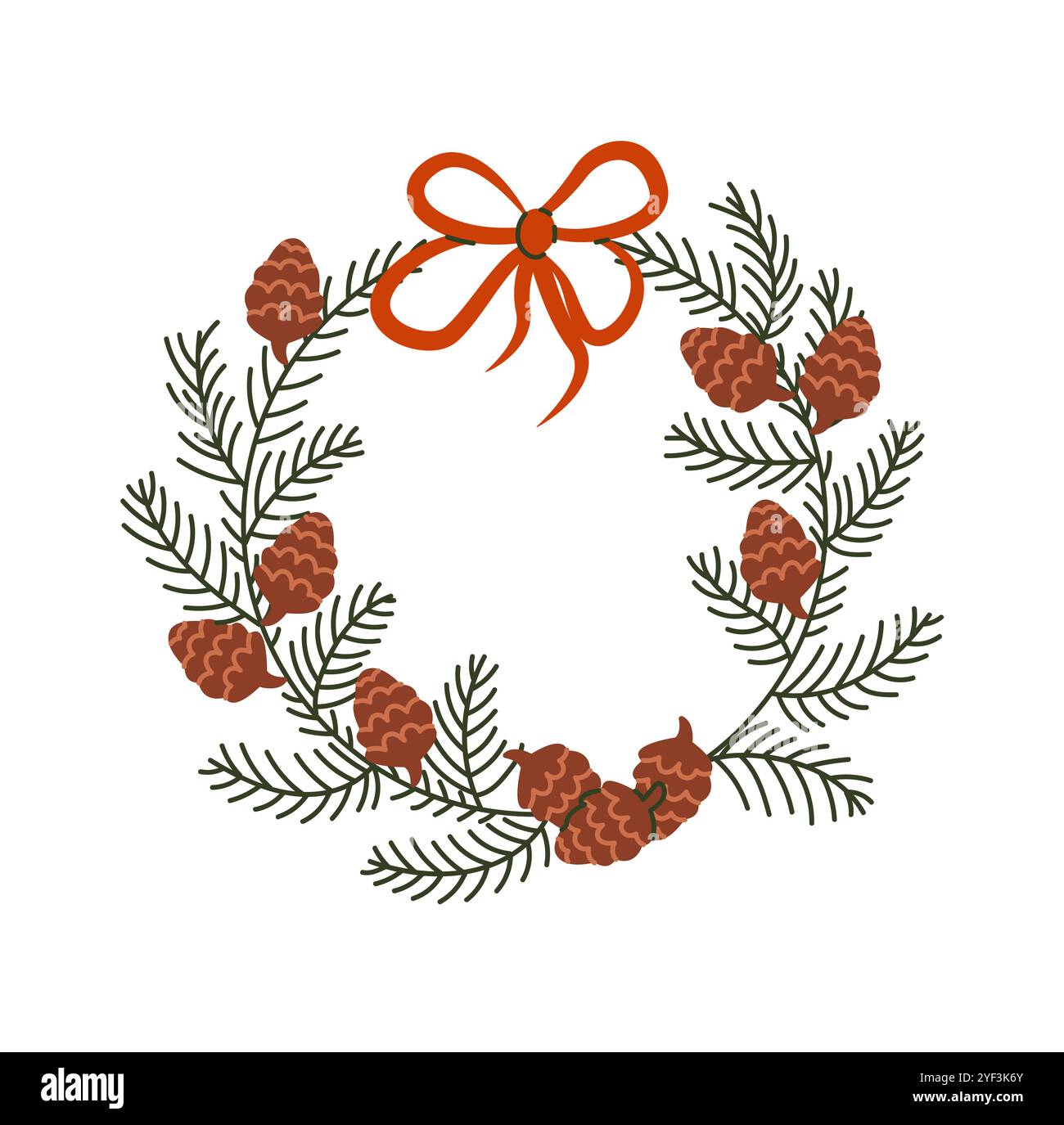 Christmas wreath with pine cones and bow flat vector object Stock ...
