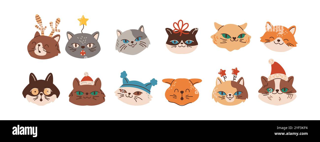 Cute Christmas cats faces flat color vector characters set Stock Vector