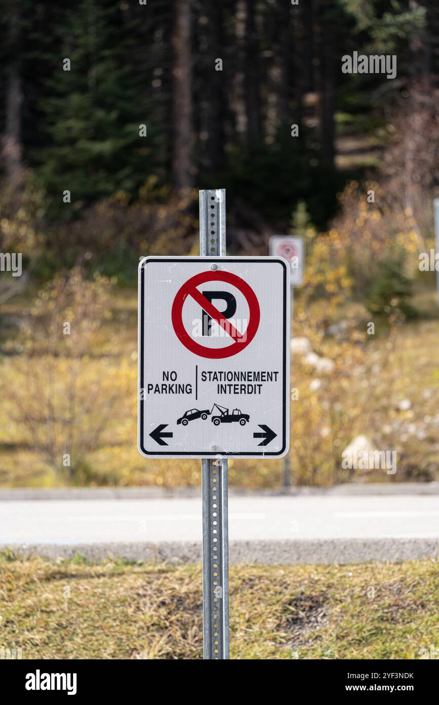 no parking and towing sign at moraine lake Stock Photo