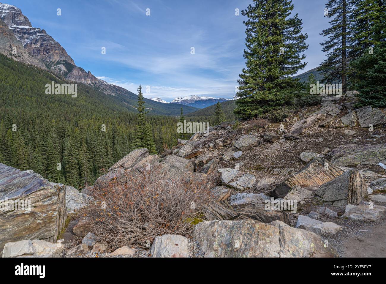 View of mountains on a rocky trail footpath Stock Photo