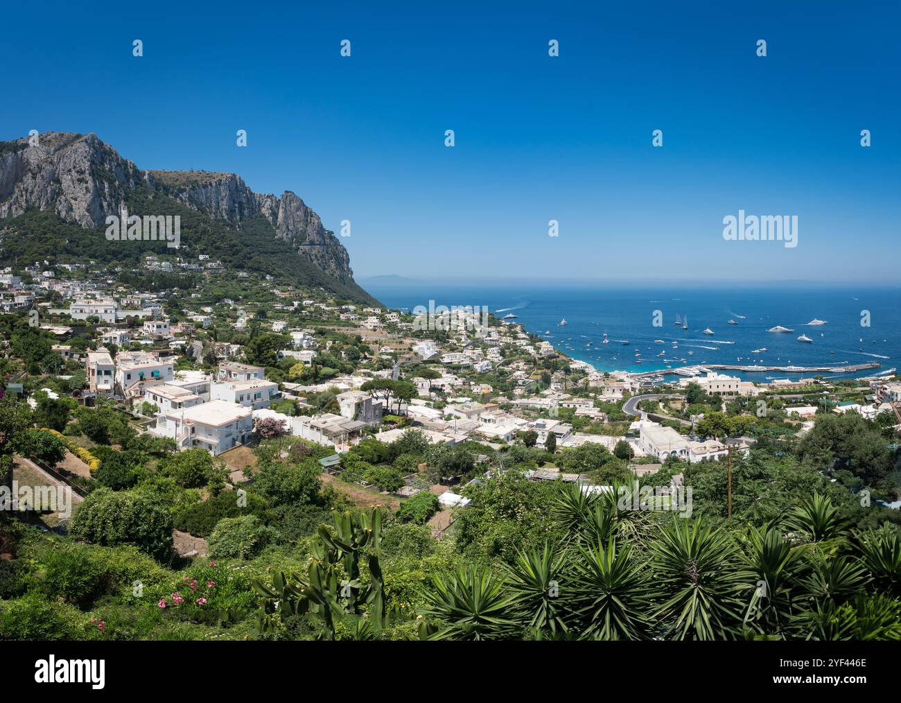 Capri panorama from above. Aerial view to the beautiful scenic island and town in the South of Italy. Stock Photo