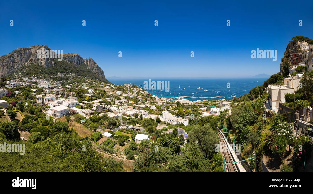 Capri panorama from above. Aerial view to the beautiful scenic island and town in the South of Italy. Stock Photo