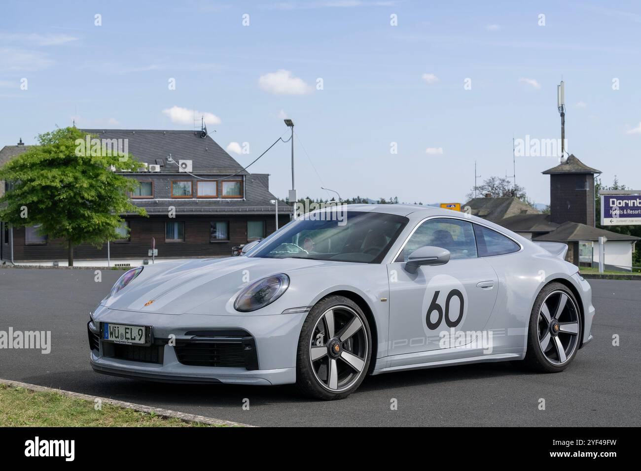 Nürburg, Germany - View on a grey Porsche 911 Sport Classic parked on a parking lot. Stock Photo