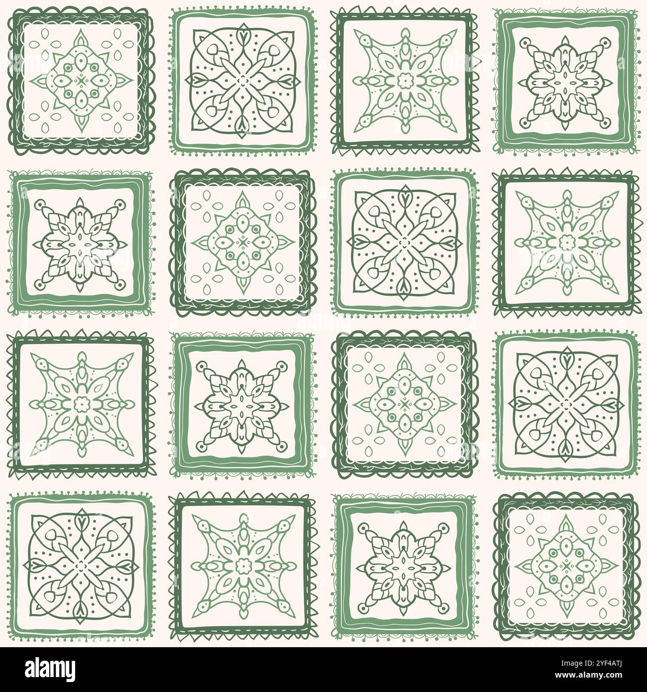 Backsplash green seamless pattern with abstract ornament. Geometric scribble endless background. Vector hand drawn flat illustration. Stock Vector