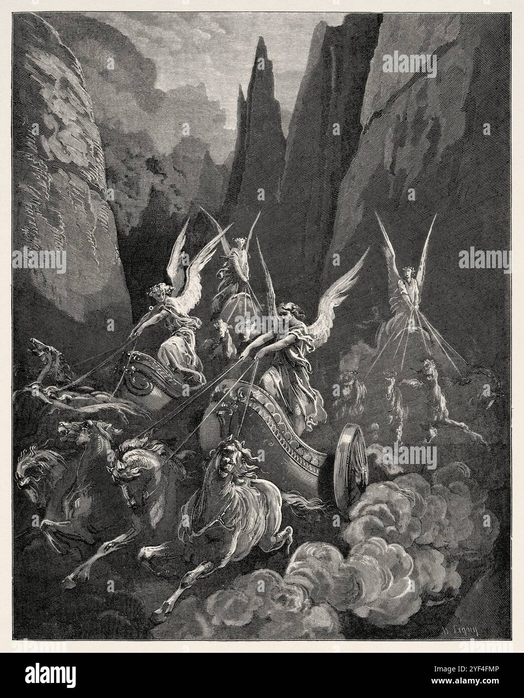 Zechariah's vision of the four horsemen of the Apocalypse. Old Testament. Antique bible illustration by Gustave Dore (1832–1883) Stock Photo