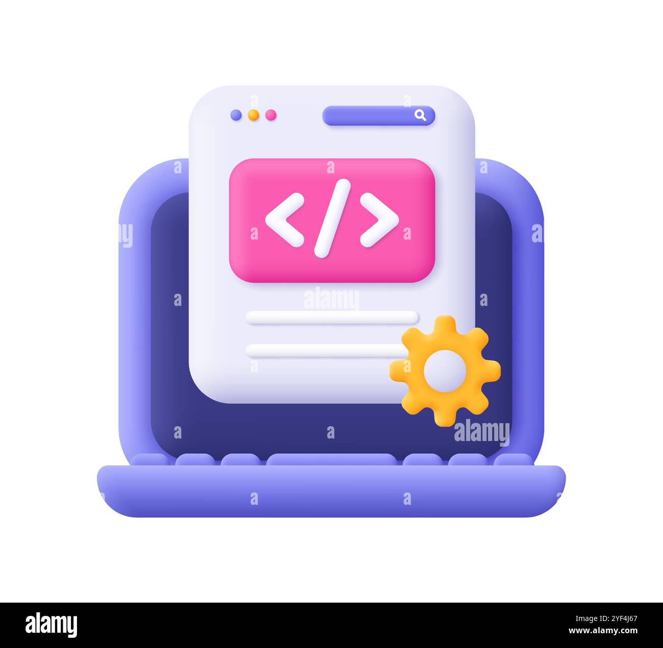 Laptop and web page with code symbol and gear cogwheel. Web development and SEO, software engineering, setting and tools, programming and coding conce Stock Vector