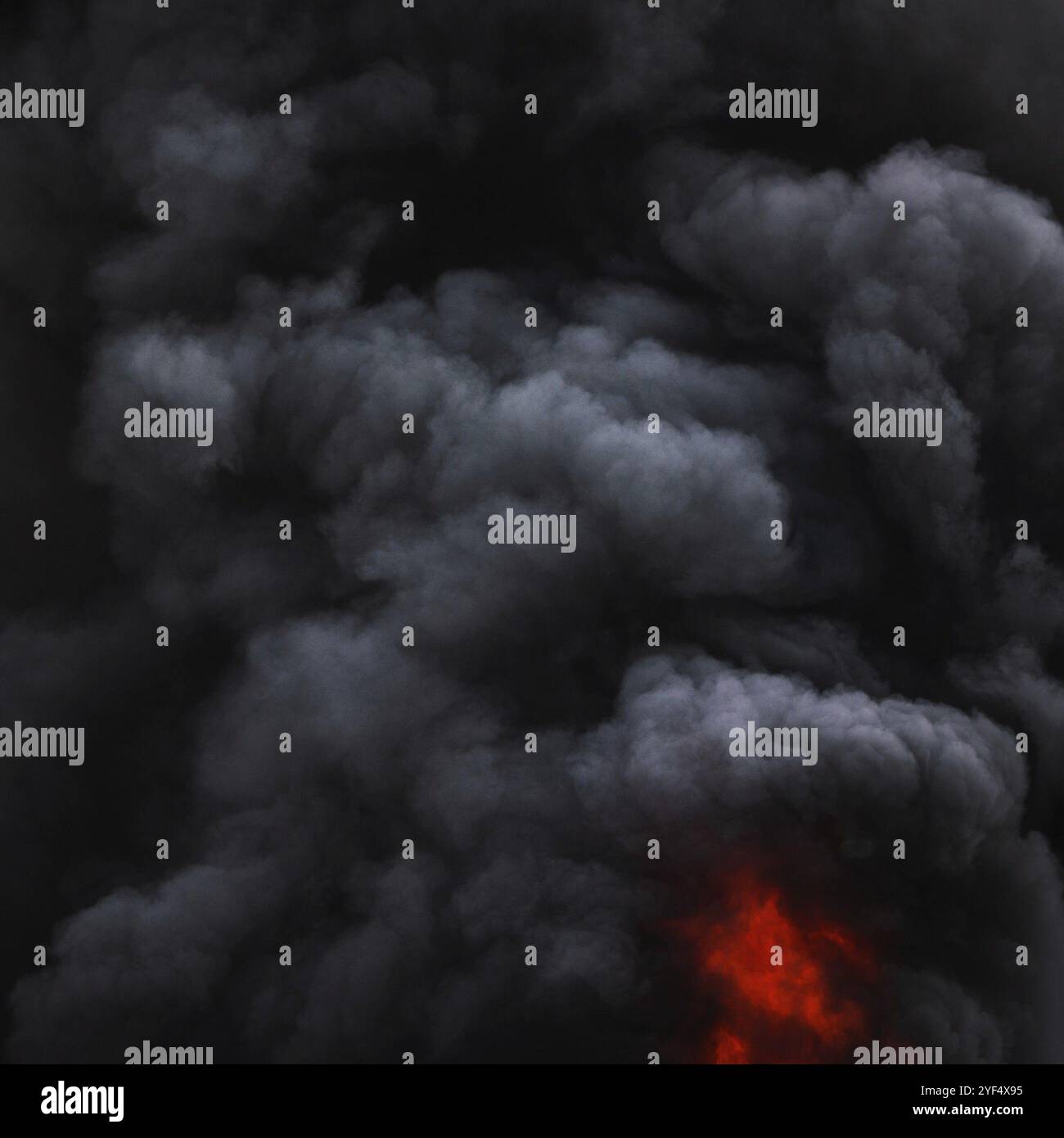 Dramatic black clouds of strong fire smoke covered sky. Defocus and ...