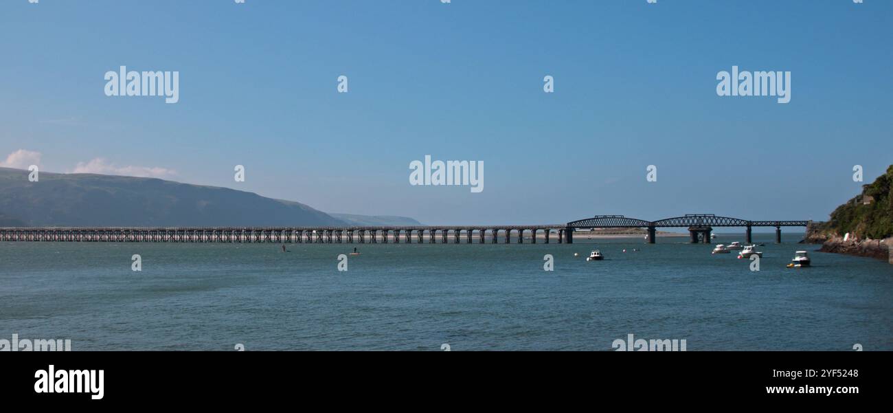 Barmouth Railway Bridge over River Mawddach, Gwynedd, Wales Stock Photo