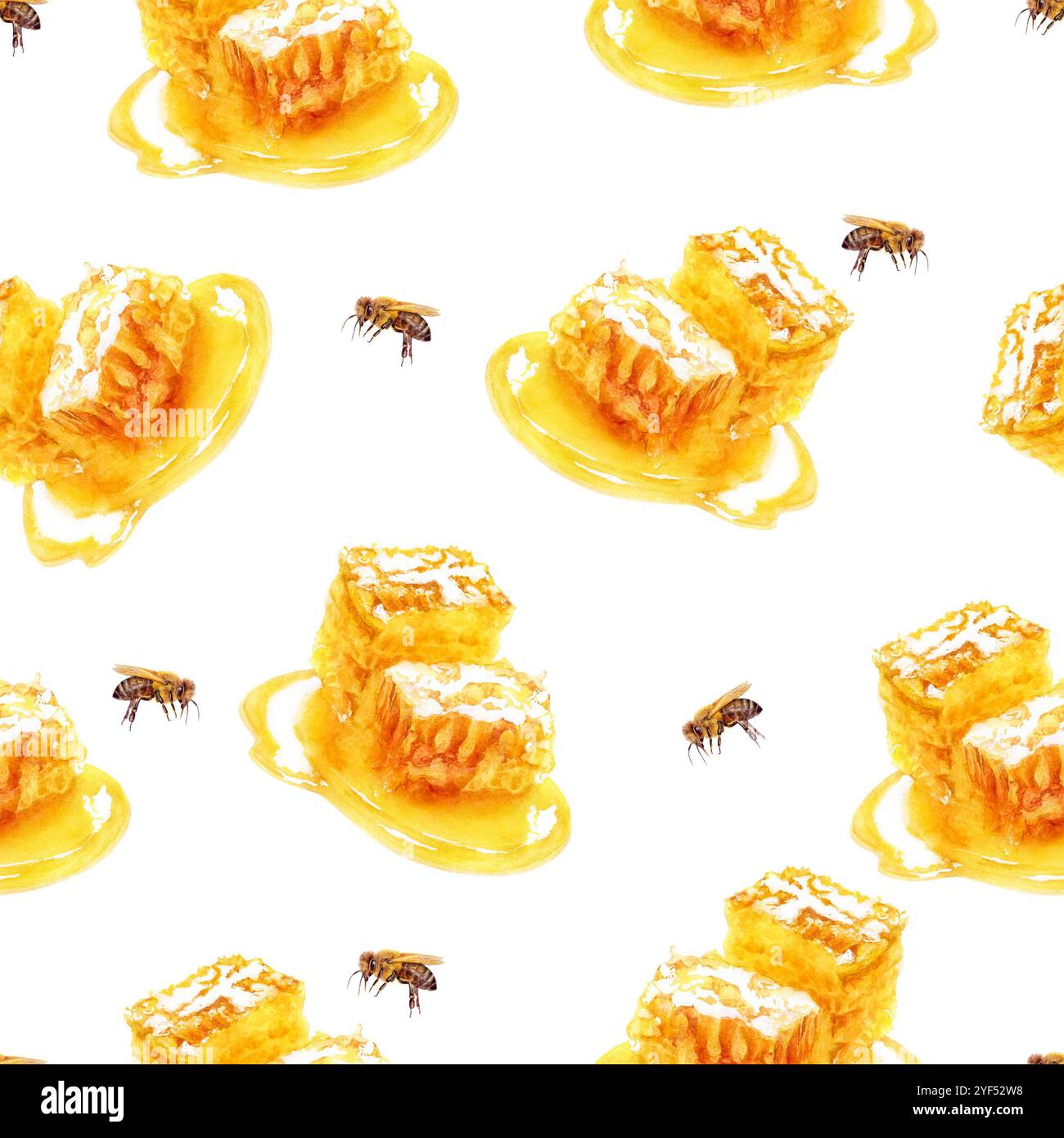 Hand-Painted Watercolor Honeycomb and Bees Seamless Pattern Stock Photo ...