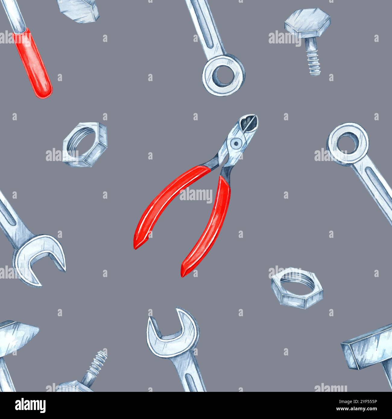 Dark gray background featuring watercolor wrenches, bolts, and red ...
