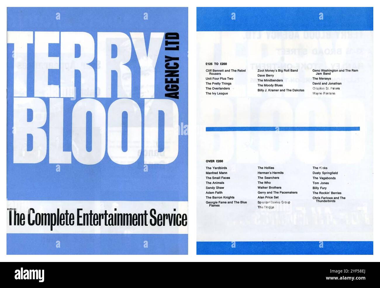 The Terry Blood Entertainment agency handled many famous rock and pop acts for live bookings by venues in the Stoke On Trent area of Britain.   This booking sheet lists groups and booking prices; £200 for The Yardbirds, Animals, Sandie Shaw, The Who, The Kinks, Dusty Springfield, Tom Jones, Georgie Fame, Walker Brothers.  For Under £200 you could book The Moody Blues, Pretty Things, Cliff Bennett and many more.  Unique piece of pop memorabilia. Stock Photo