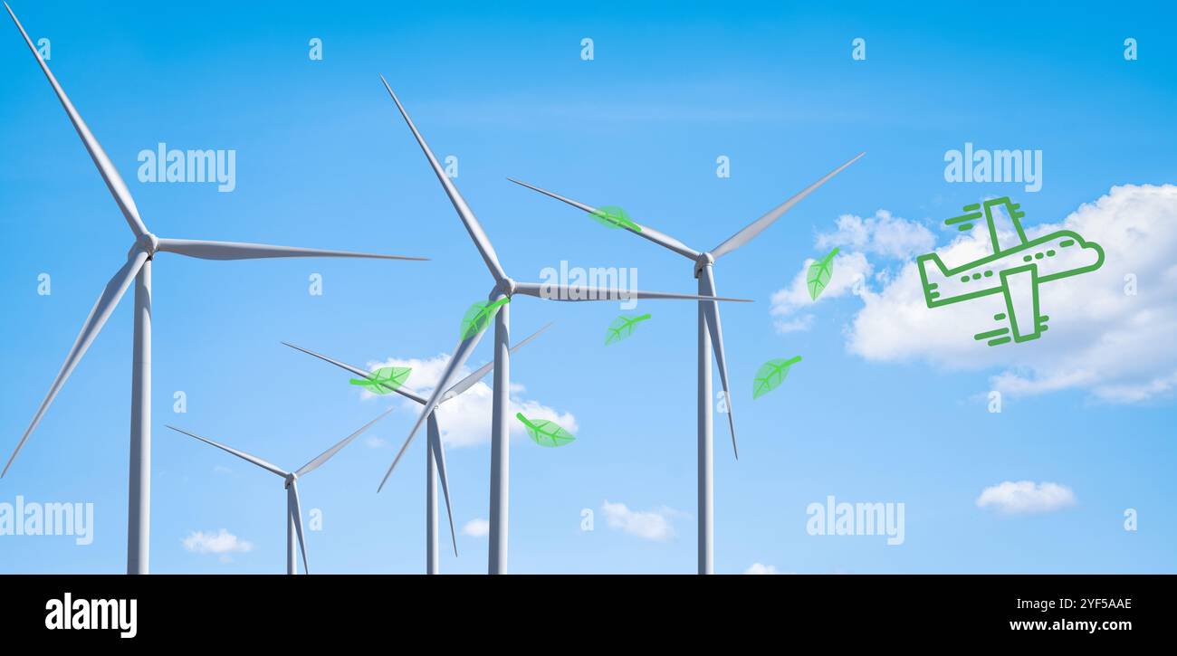 Sustainable aviation concept. Aircraft and wind turbine. Green energy and eco-friendly technology for net-zero airline future. Clean fuels Stock Photo