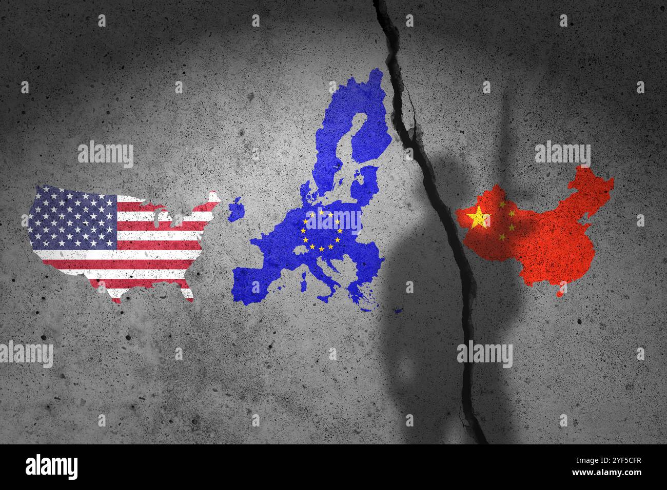 Flag map of US, EU and China painted on cracked wall with soldier shadow. China, Europe Union and United States of America war. Stock Photo