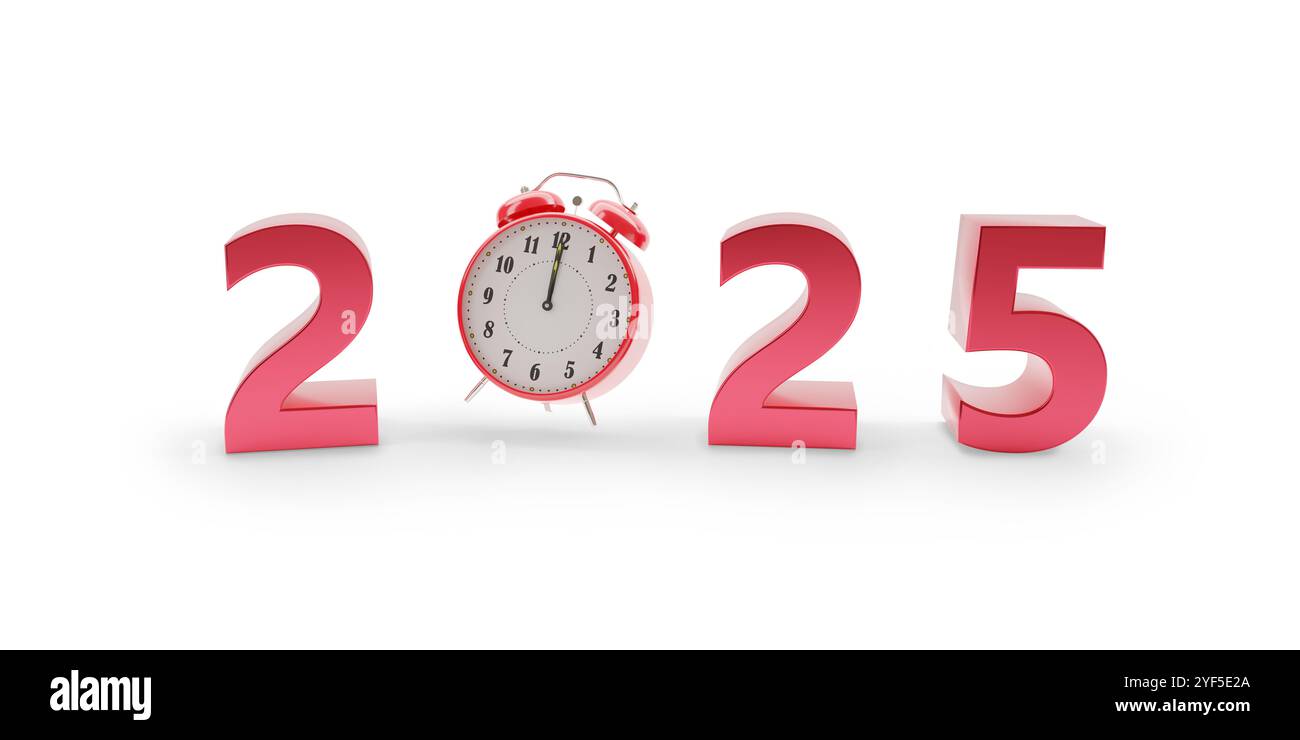 Year 2025 in three dimensions with clock isolated on white background. New year concept. 3d