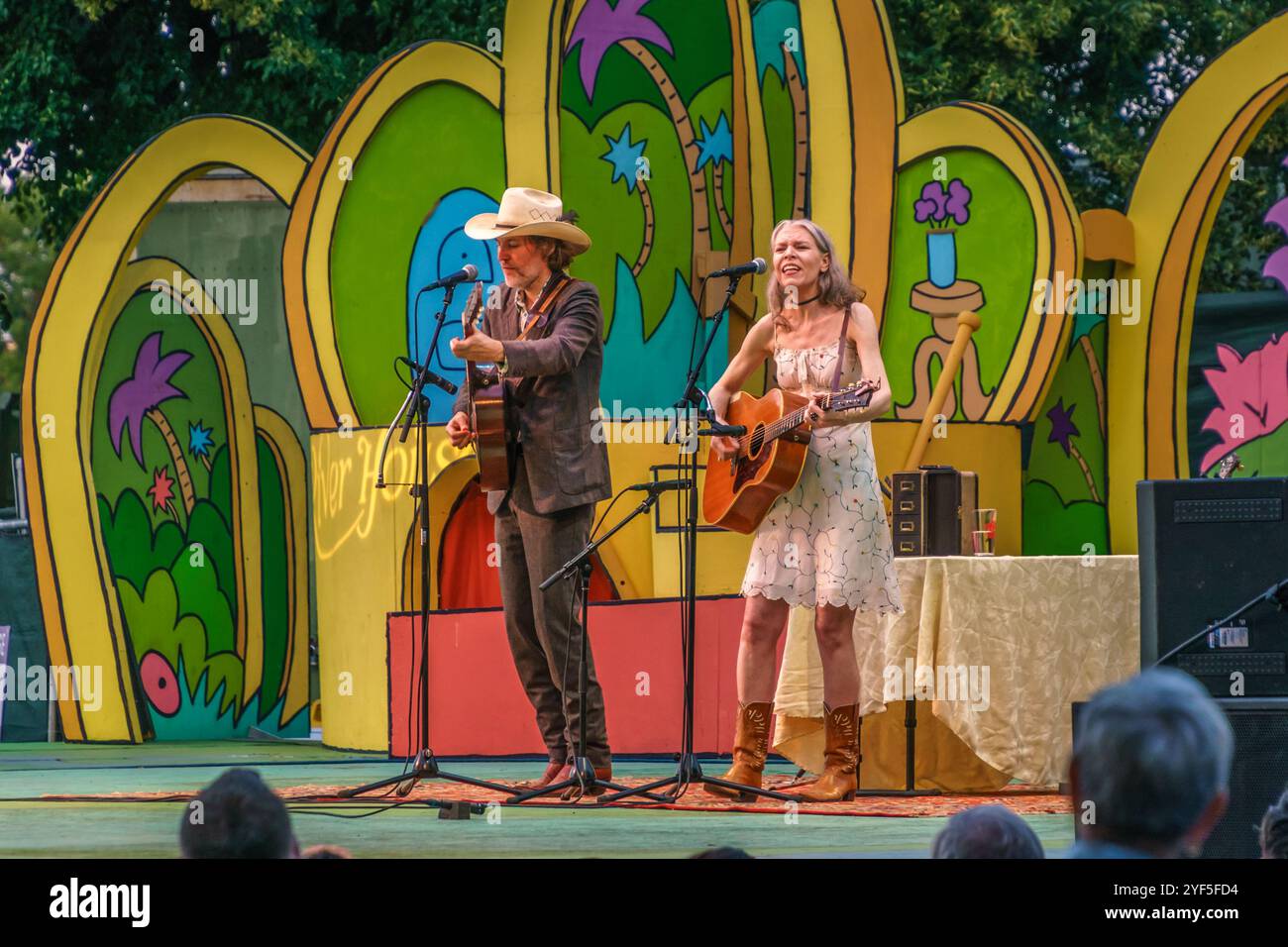 Portsmouth, NH, US-July 21, 2018: Gillian Welch and Dave Rawlings perform at an outdoor concert at the Prescott Park Arts Festival. Stock Photo