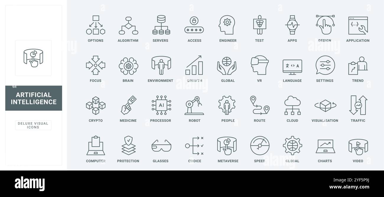 Crypto technology and data protection, robot and focus on trends, graphic design thin black outline symbols vector illustration. AI, digital brain language and settings line icons set. Stock Vector