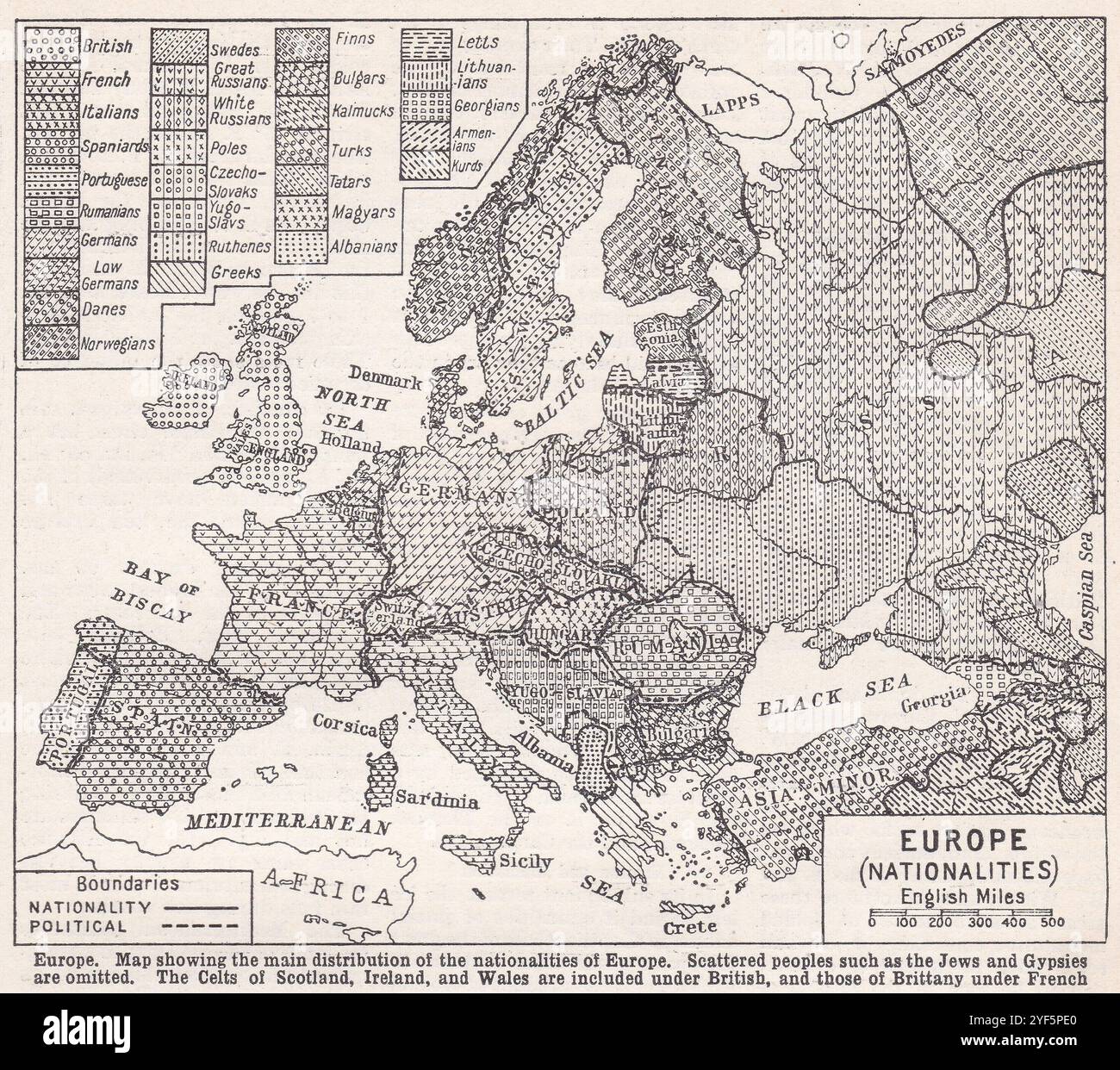 Vintage map of Europe Nationalities. Stock Photo