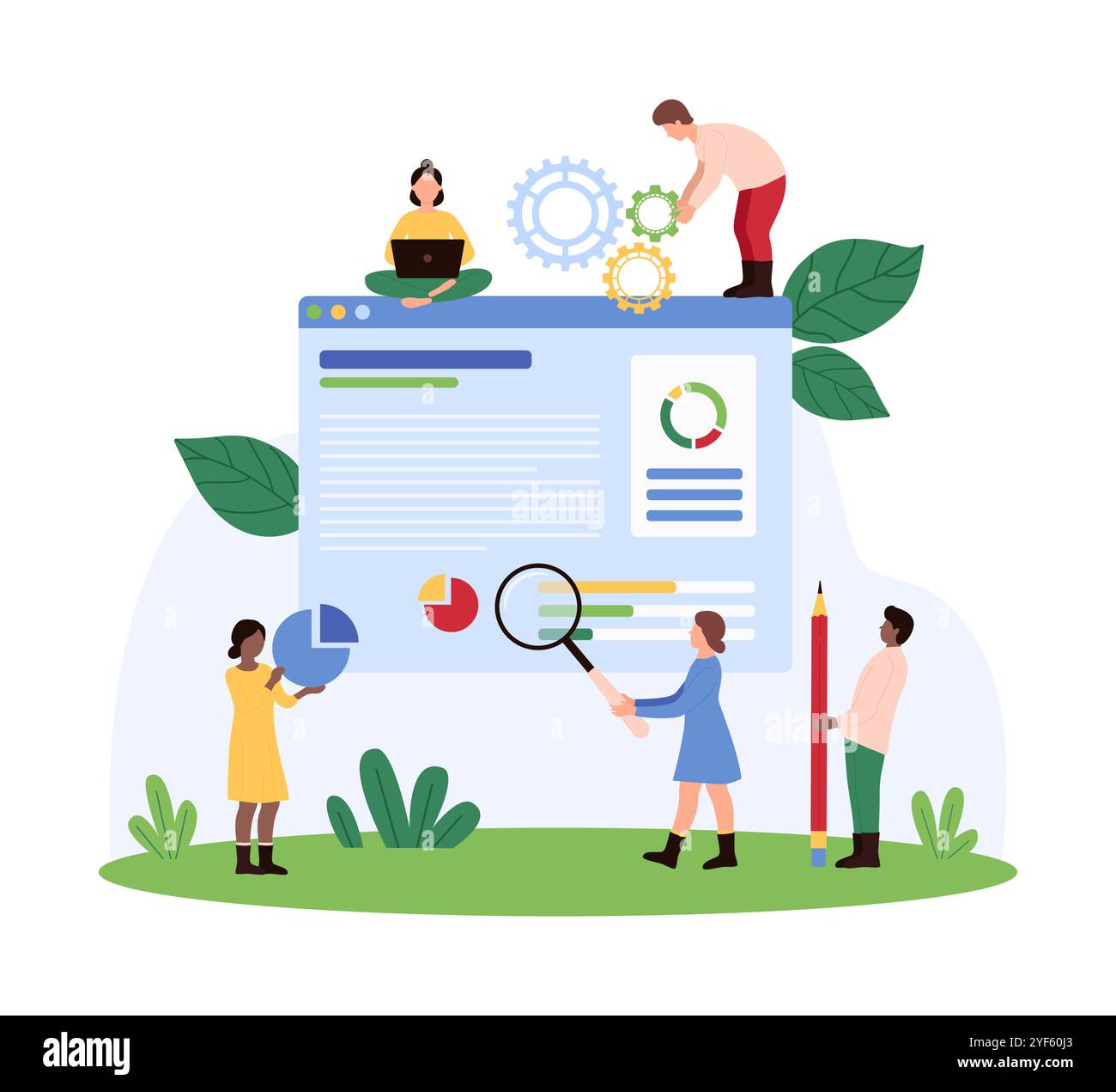 Group collaborating on evaluating business data on a large screen, analyzing graphs, charts, and information, using tools like magnifying glass and gears to improve performance vector illustration Stock Vector