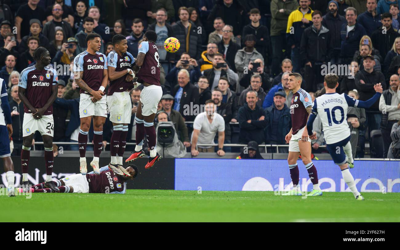 London, UK. 03rd Nov, 2024. Tottenham Hotspur v Aston Villa - Premier League - Tottenham Hotspur Stadium.                                               James Maddison scores his second half free kick.                            Picture Credit: Mark Pain / Alamy Live News Stock Photo