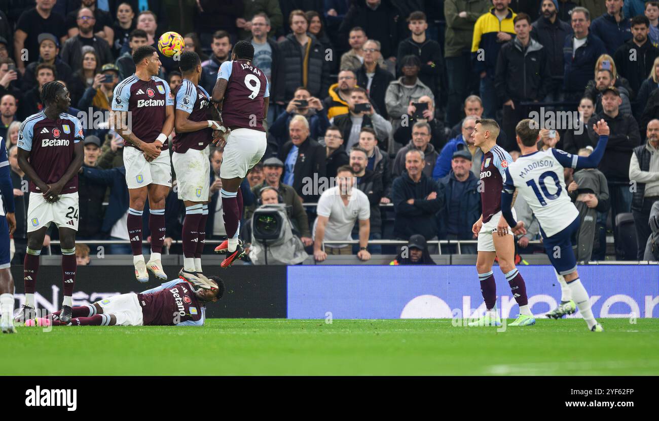London, UK. 03rd Nov, 2024. Tottenham Hotspur v Aston Villa - Premier League - Tottenham Hotspur Stadium.                                               James Maddison scores his second half free kick.                            Picture Credit: Mark Pain / Alamy Live News Stock Photo