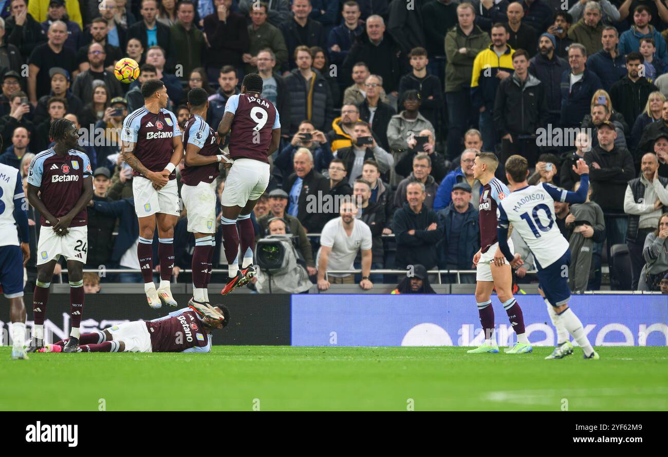 London, UK. 03rd Nov, 2024. Tottenham Hotspur v Aston Villa - Premier League - Tottenham Hotspur Stadium.                                               James Maddison scores his second half free kick.                            Picture Credit: Mark Pain / Alamy Live News Stock Photo