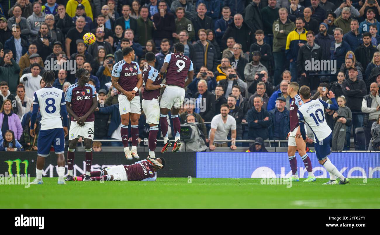 London, UK. 03rd Nov, 2024. Tottenham Hotspur v Aston Villa - Premier League - Tottenham Hotspur Stadium.                                               James Maddison scores his second half free kick.                            Picture Credit: Mark Pain / Alamy Live News Stock Photo