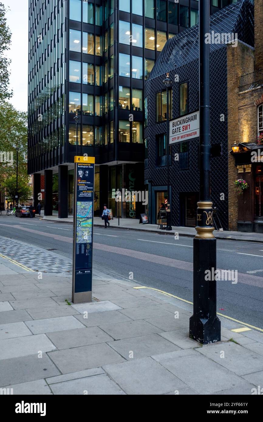 Buckingham Gate London - Buckingham Gate is a street in Westminster London between Victoria St and Buckingham Palace Rd. Stock Photo