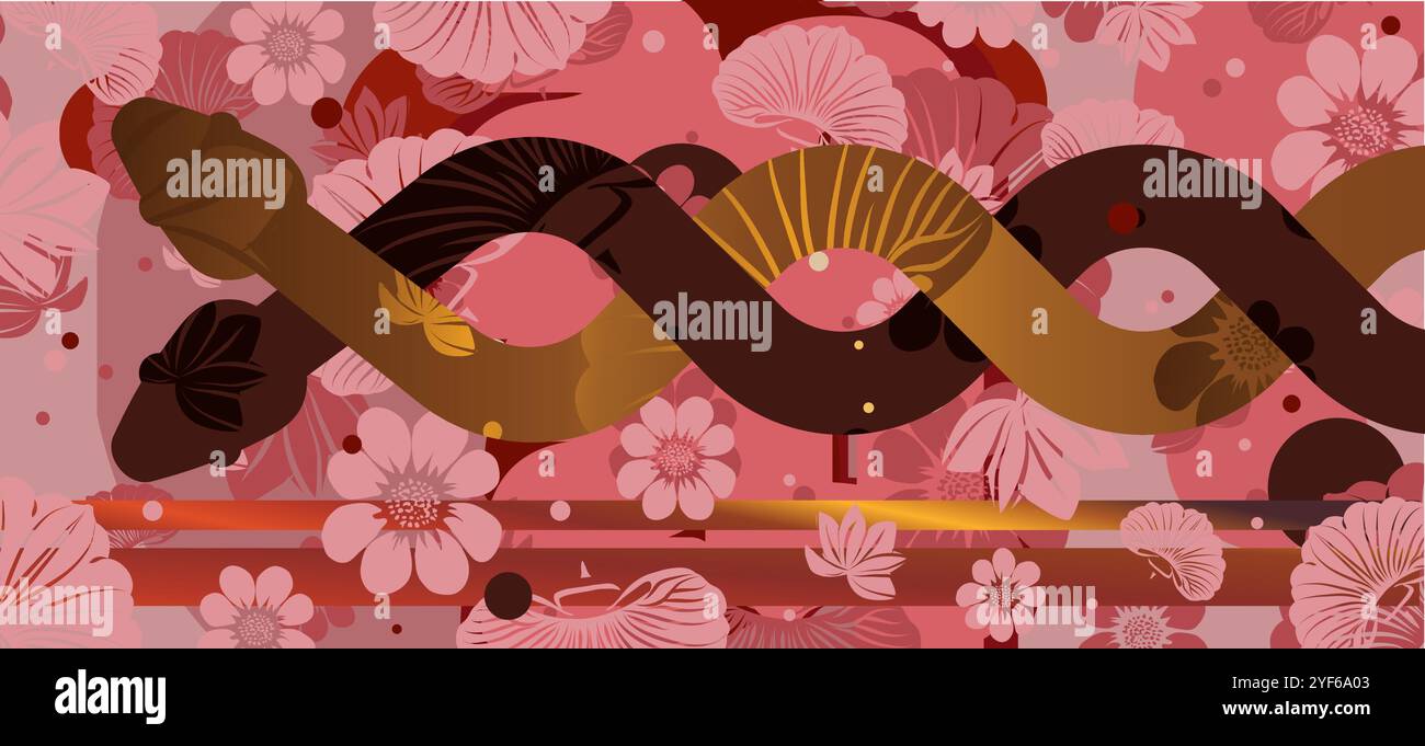 Two intertwined snakes on a floral background. Stock Vector