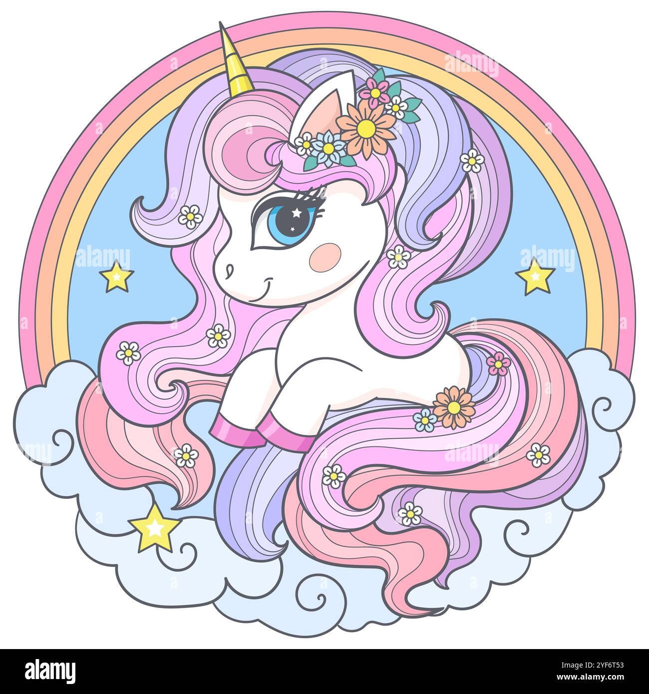 Little cartoon unicorn with a long tail sits on a cloud with a rainbow ...