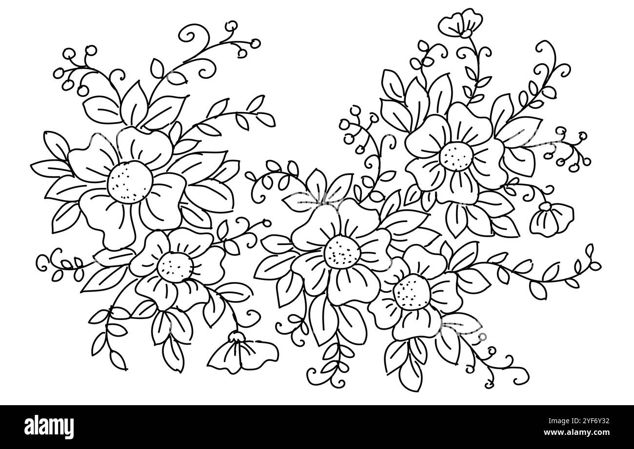 Line flowers. Art drawing floral decoration invitation. Black ink hand drawn on white background. Botanical style coloring picture. Wedding fashion Stock Vector