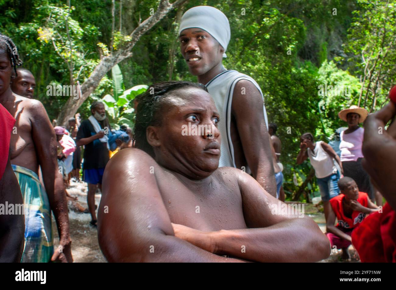 Haiti Voodoo Festival in Saut d'Eau, in Saut d'Eau, Ville Bonheur, Haiti. Thousands of both Vodou and Catholic followers gathered under the Saut d'Eau Stock Photo