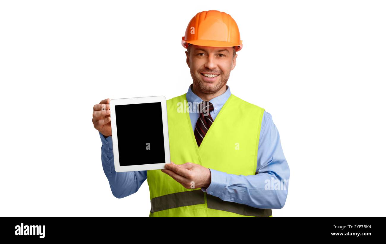 Construction Worker Showing Tablet Empty Screen Over White Background, Panorama Stock Photo