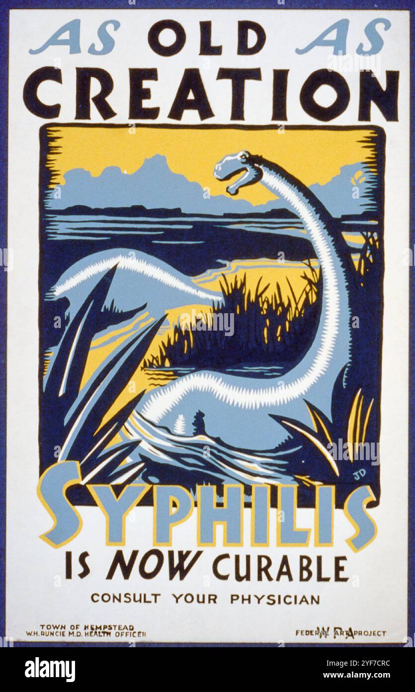 'As Old as Creation, Syphilis is now Curable' Vintage 1930s Health Care Promotion Poster by the American Work Projects Administration (WPA) Stock Photo