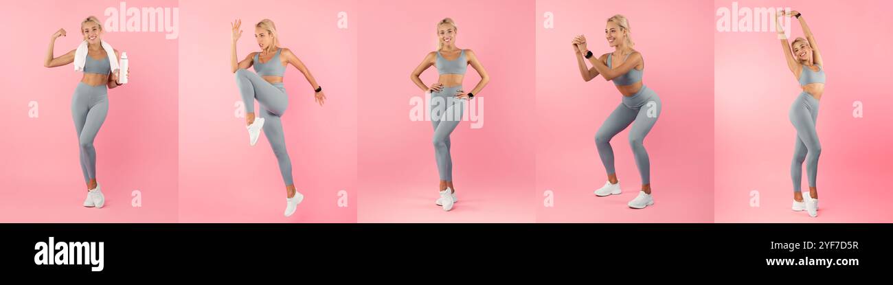 Fitness model demonstrating various exercises against a pink backdrop ...