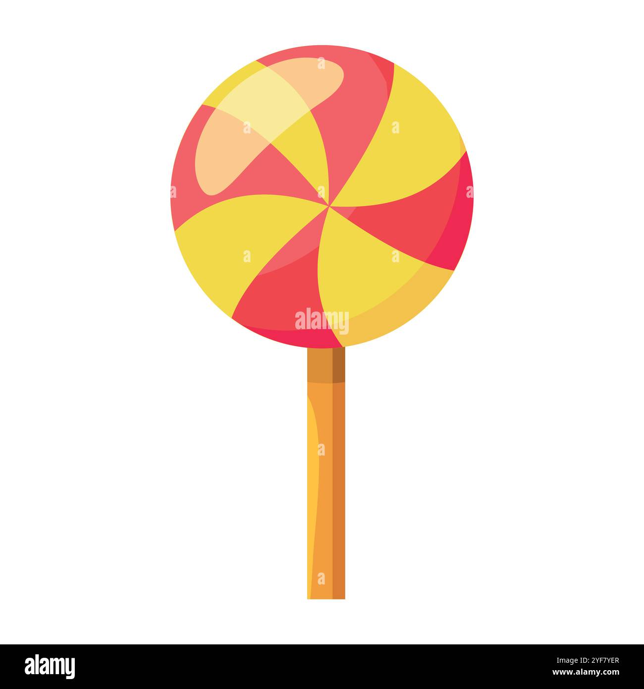 A vibrant lollipop illustration. A round candy top with a striking red base, wavy yellow stripes, lighter pink highlights, and an orange stick Stock Vector