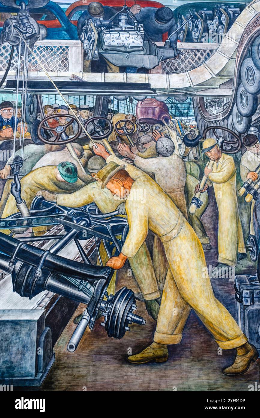 Detroit Industry Murals, frescoes by Mexican fresco painter artist Diego Rivera laborers working at Ford Motor Company, Detroit Institute of Arts, USA Stock Photo