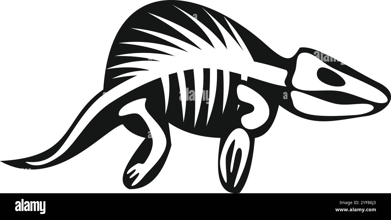 Lystrosaurus fossil skeleton walking, black and white illustration Stock Vector