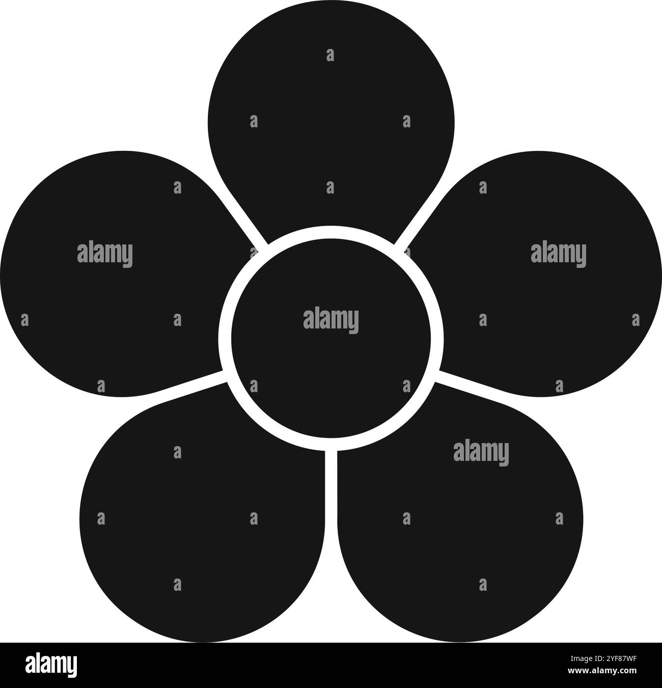 Flower silhouette with core and 5 petals. Diagram divided on five equal segments in leaf shapes isolated on white background. Floral chart layout for data presentation. Vector graphic illustration. Stock Vector
