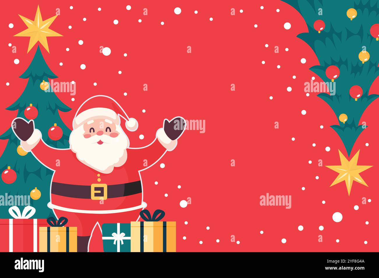 Happy Santa claus standing with gift boxes and christmas tree. Cartoon character greeting poster. Vector illustration Stock Vector