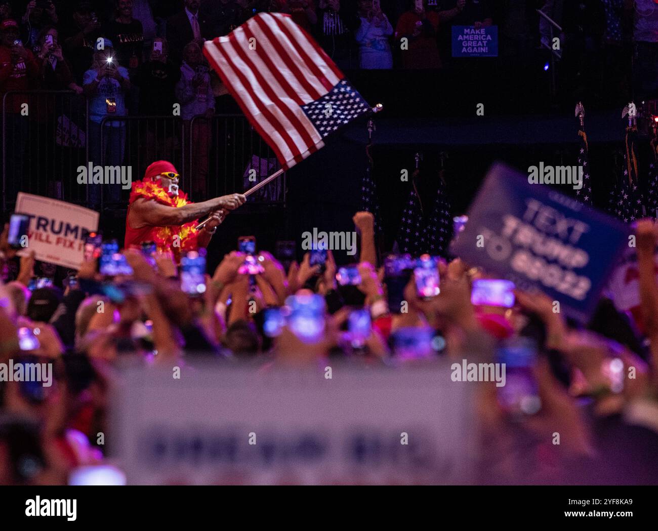 New York, United States. 27th Oct, 2024. Championship Wrestler, Hul Hogan attends the Trump Rally in Madison Square Garden. Former President Trump arrived 2 hours late to a crowd of over 15,000. (Photo by Susan Stava/SOPA Images/Sipa USA) Credit: Sipa USA/Alamy Live News Stock Photo