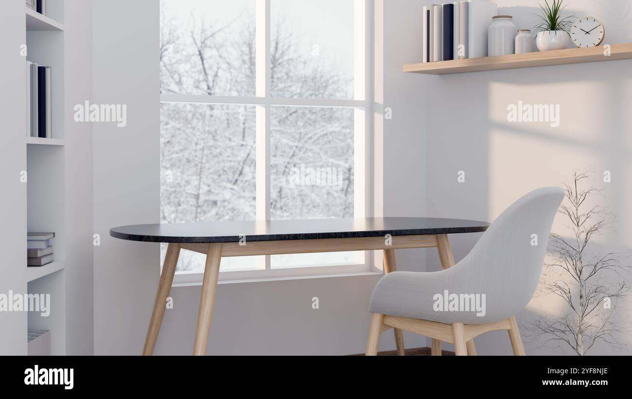 A minimalist display area on a simple table by a window with snowy scenery outsides, complemented by a nearby bookshelf, a wall shelf, and a clean whi Stock Photo