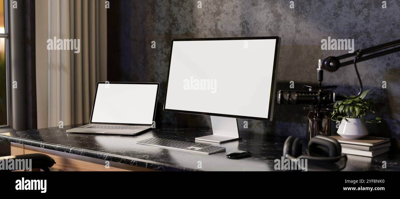 A modern loft podcaster office workspace featuring multiple screens from a laptop and a computer, headphones, and a microphone on a black table. 3d re Stock Photo