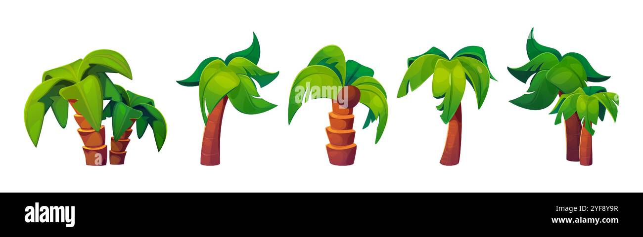 Collection of cartoon palm tree designs for video games. Different styles with bright green leaves, brown segmented trunks and coconut. Various shapes of tropical elements for tropical landscapes. Stock Vector